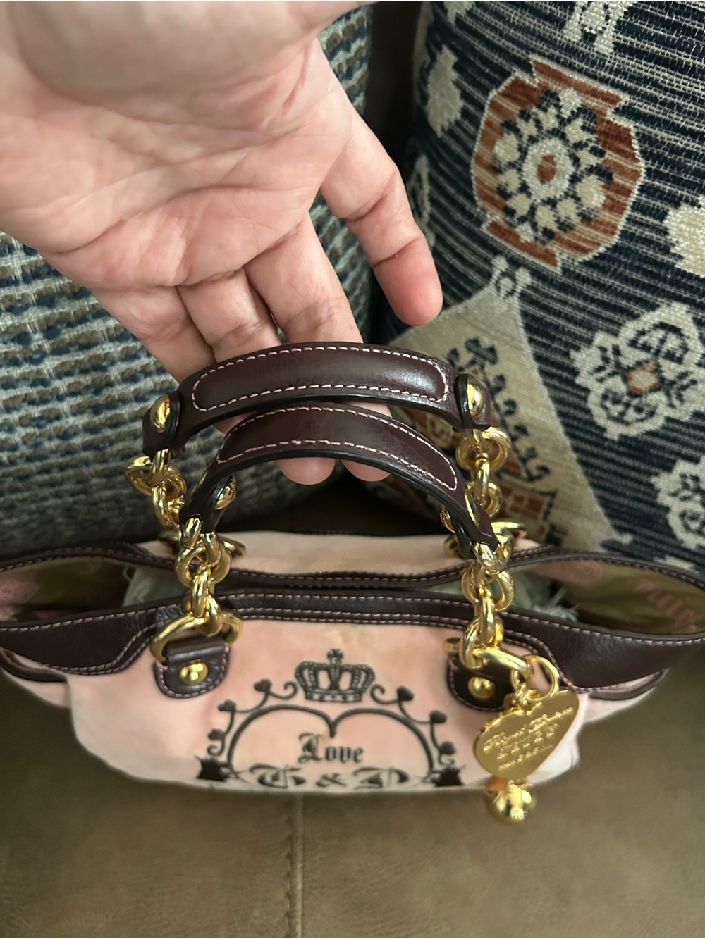Juicy Couture Pink & Brown Logo Charm Chain-Handle Shoulder Bag Vintage Y2K - Picture 4 of 9